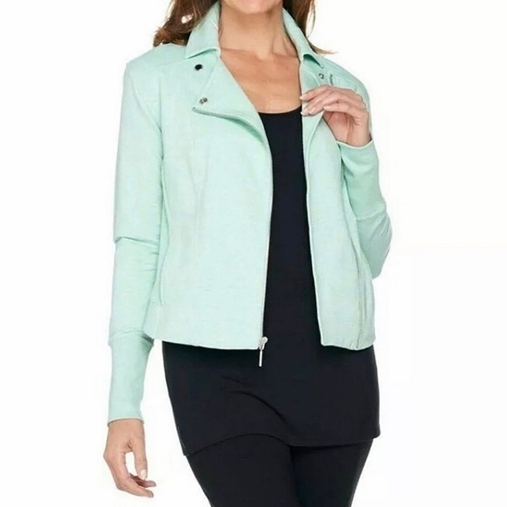 H by Halston Cotton French Terry Moto Jacket Light Turquoise Size 10
